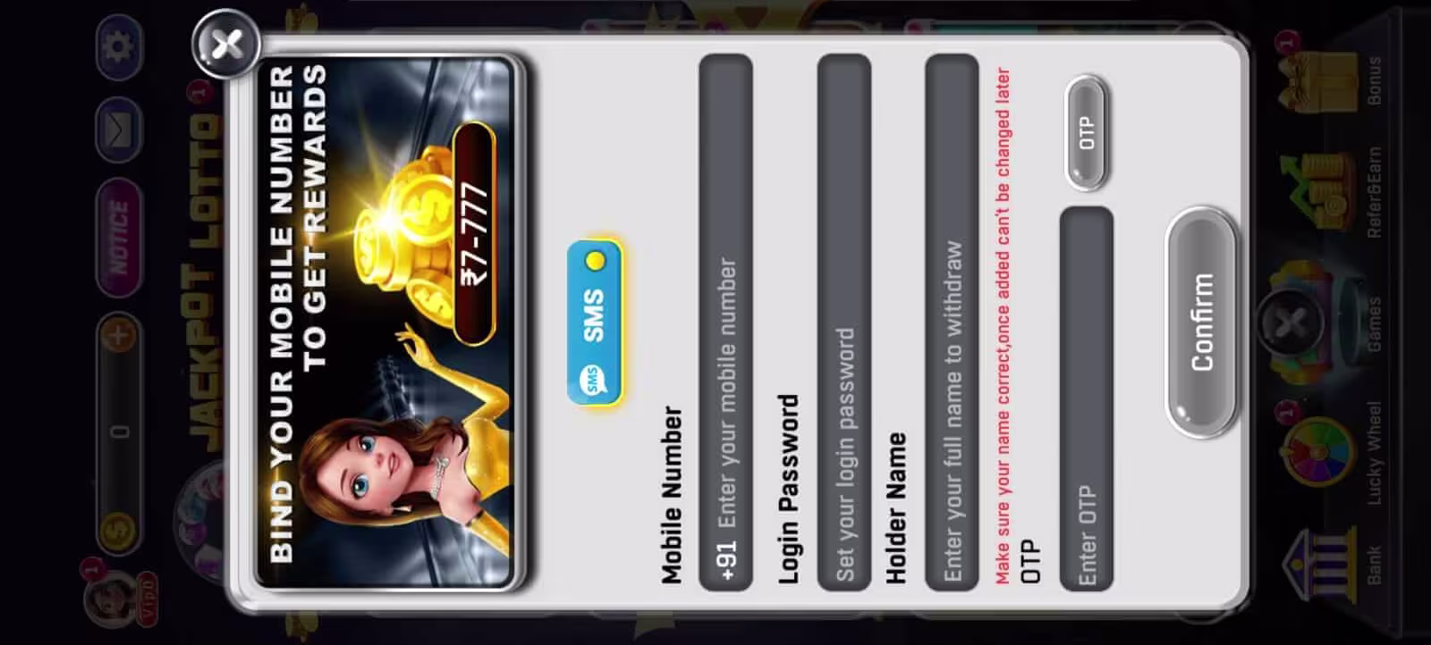 Dhan Game mobile number login and OTP registration screen
